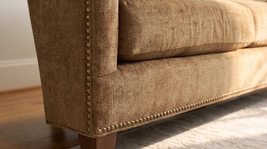 A close view of a single row of antique brass nailheads running down a tobacco-brown chenille sofa arm and along the base rail