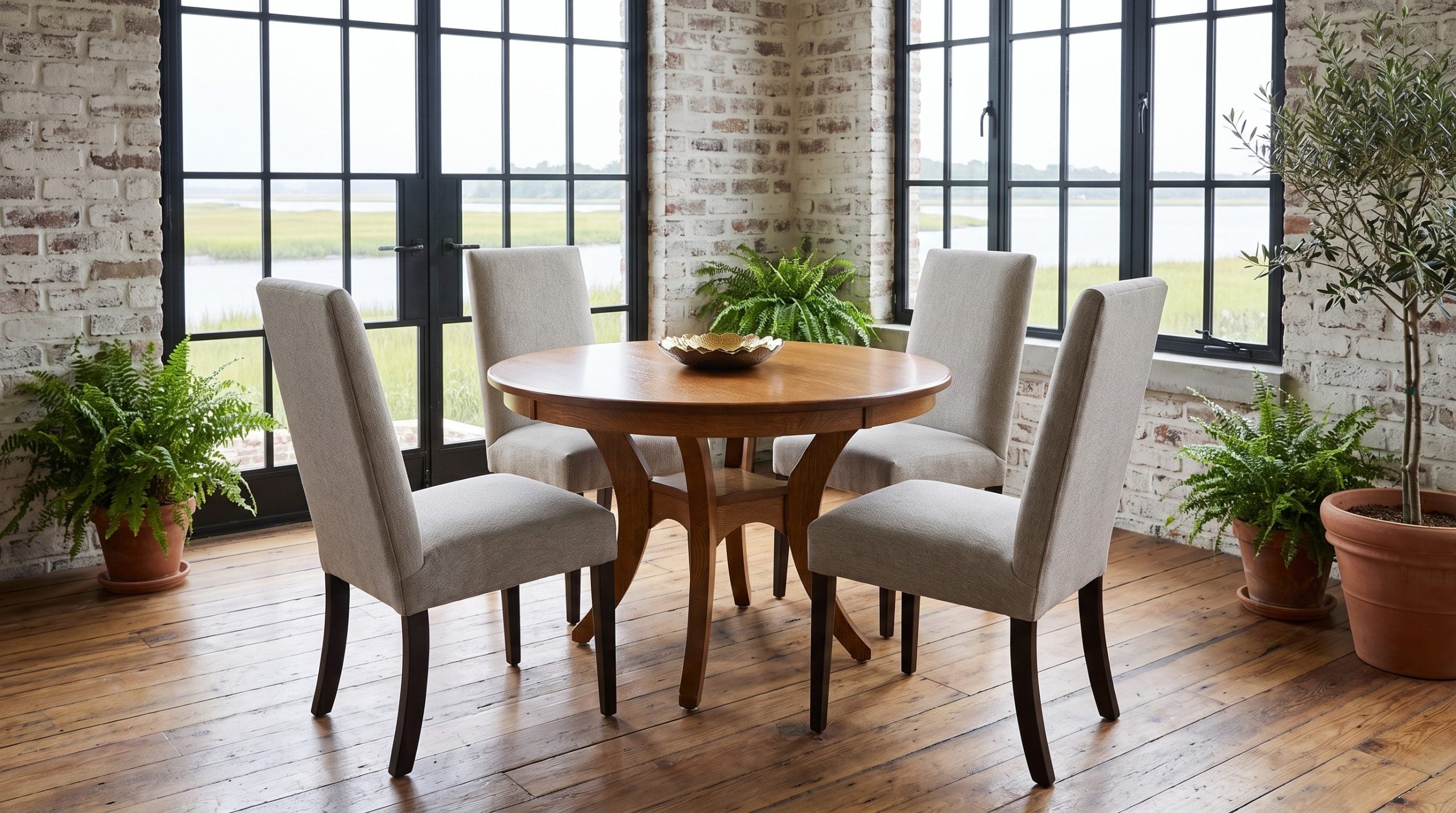 A golden quartersawn oak round pedestal table with four greige upholstered parsons chairs, in a whitewashed brick sunroom looking over marsh