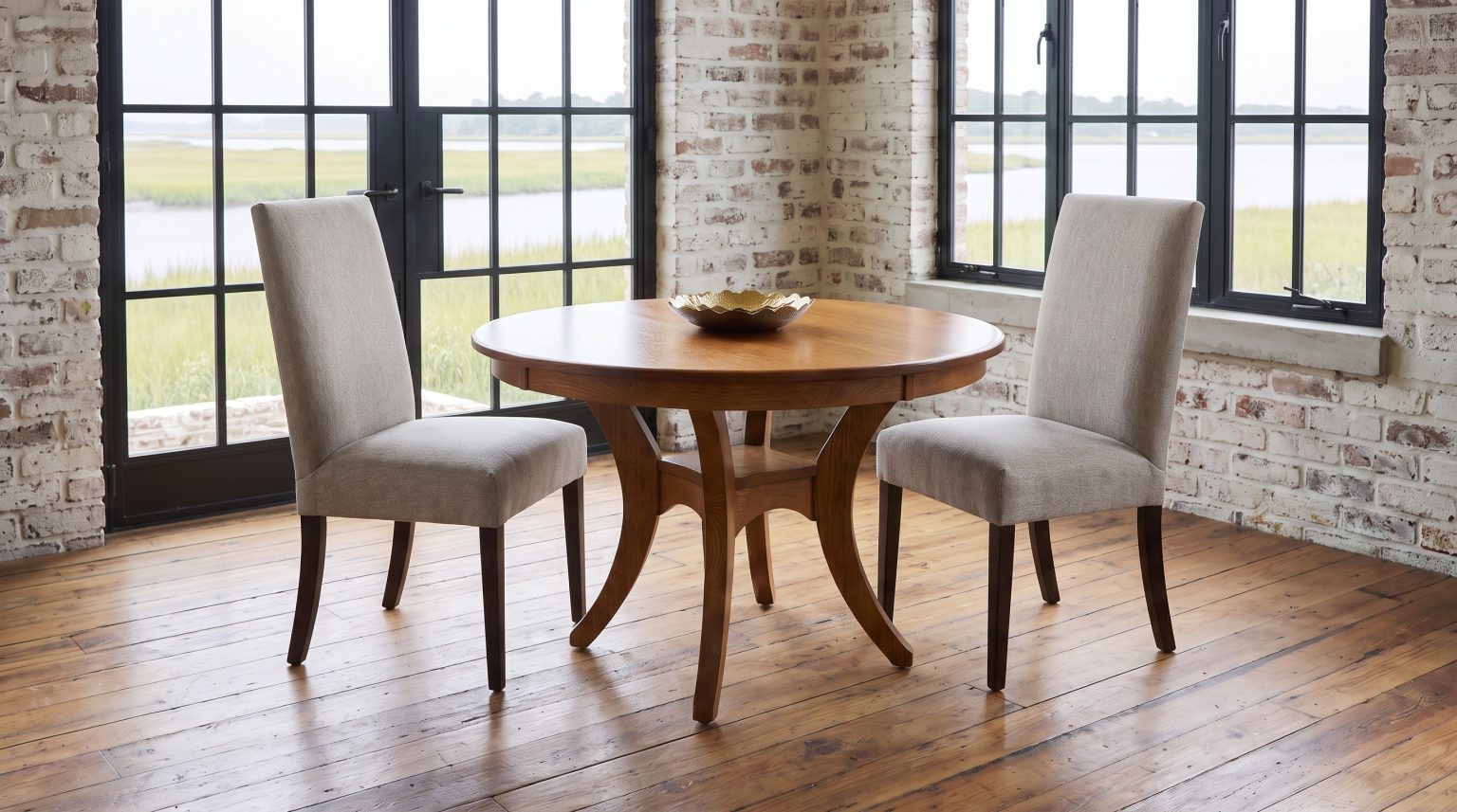 A round quartersawn oak table on four curved splayed legs with two greige parsons chairs, steel windows behind