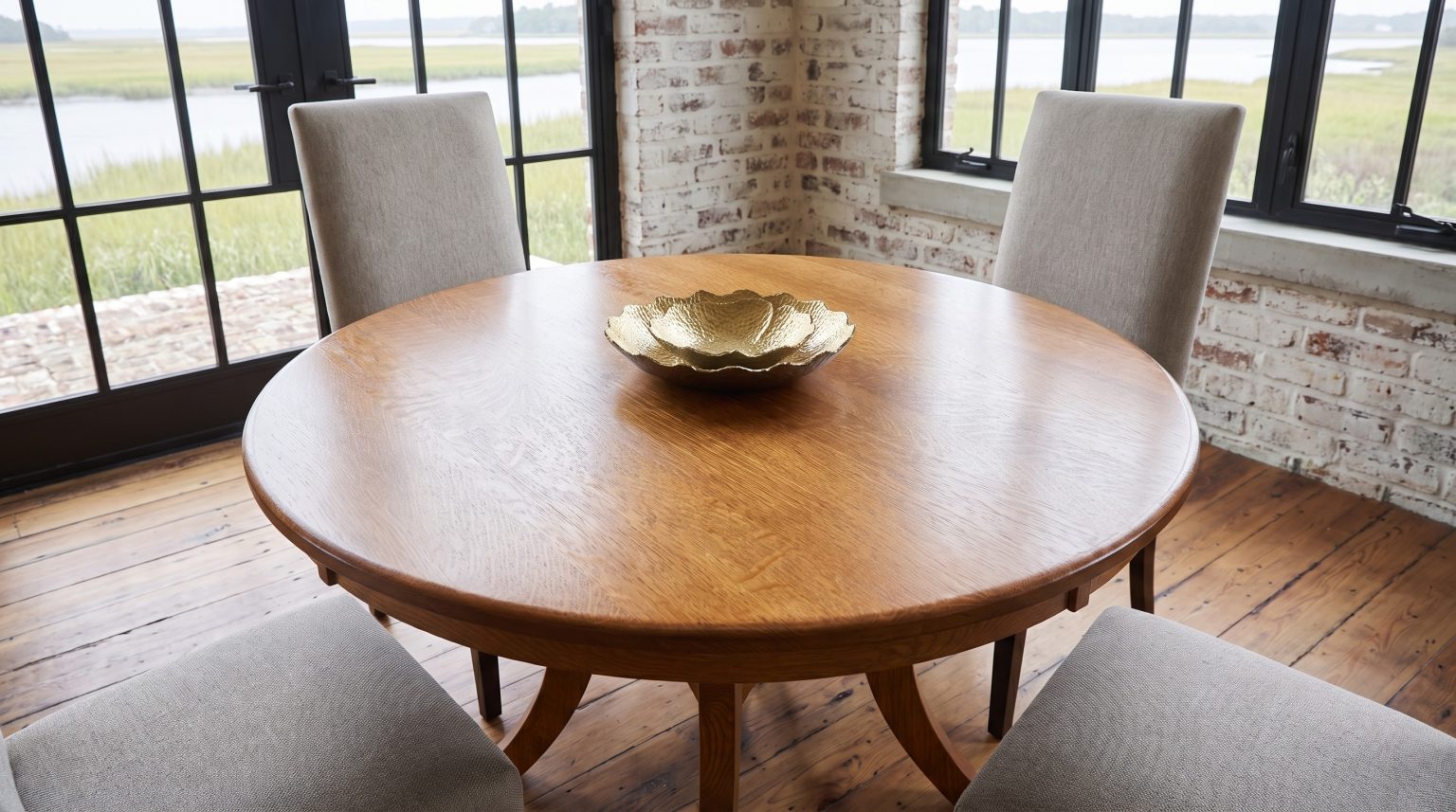 A view down across a round quartersawn oak table top showing ray fleck figure, with a gold lotus bowl at the center