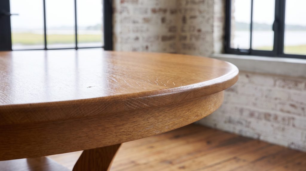 A close view of quartersawn oak ray fleck running to the softly rounded edge of the table top