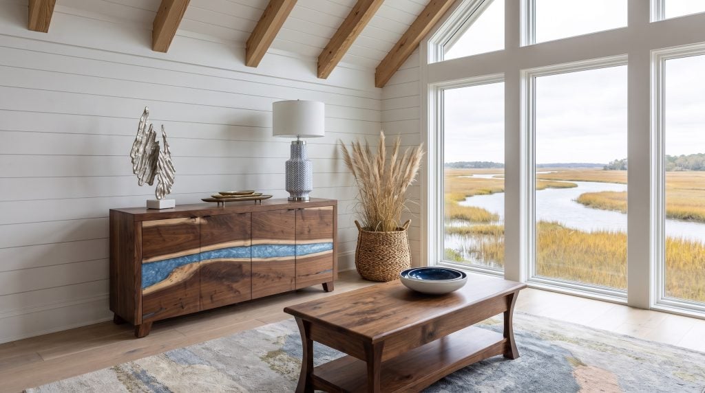 A dark walnut four-door cabinet with a blue resin river across its doors and a honey walnut coffee table, in a vaulted shiplap room over gold marsh