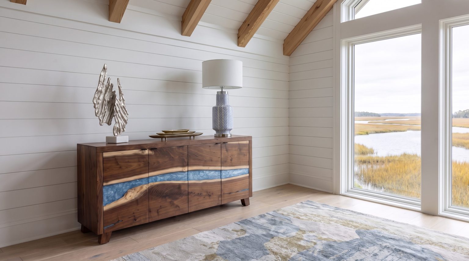 A dark walnut four-door cabinet with a continuous wavy blue resin river edged in pale sapwood, against white shiplap