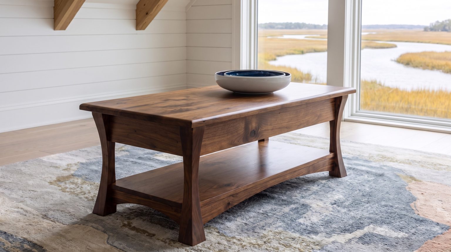 A honey rustic walnut coffee table with arched flared end legs and an open lower shelf, marsh glazing behind