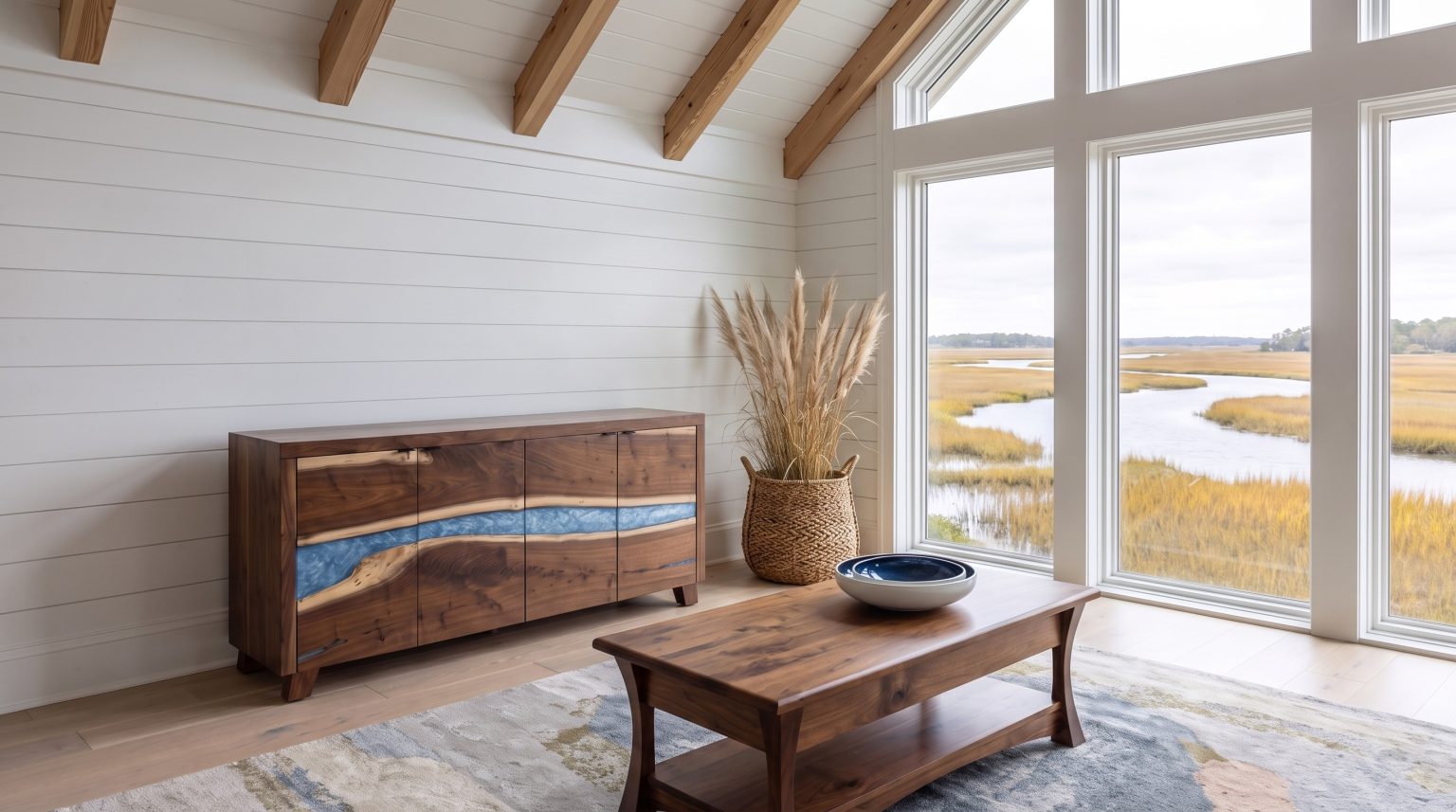 A honey walnut coffee table in the foreground with the dark walnut resin-river cabinet behind it