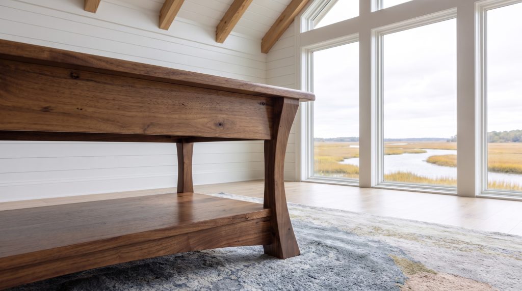 A close view of a honey walnut coffee table end leg flaring outward in a curved arch into the lower shelf