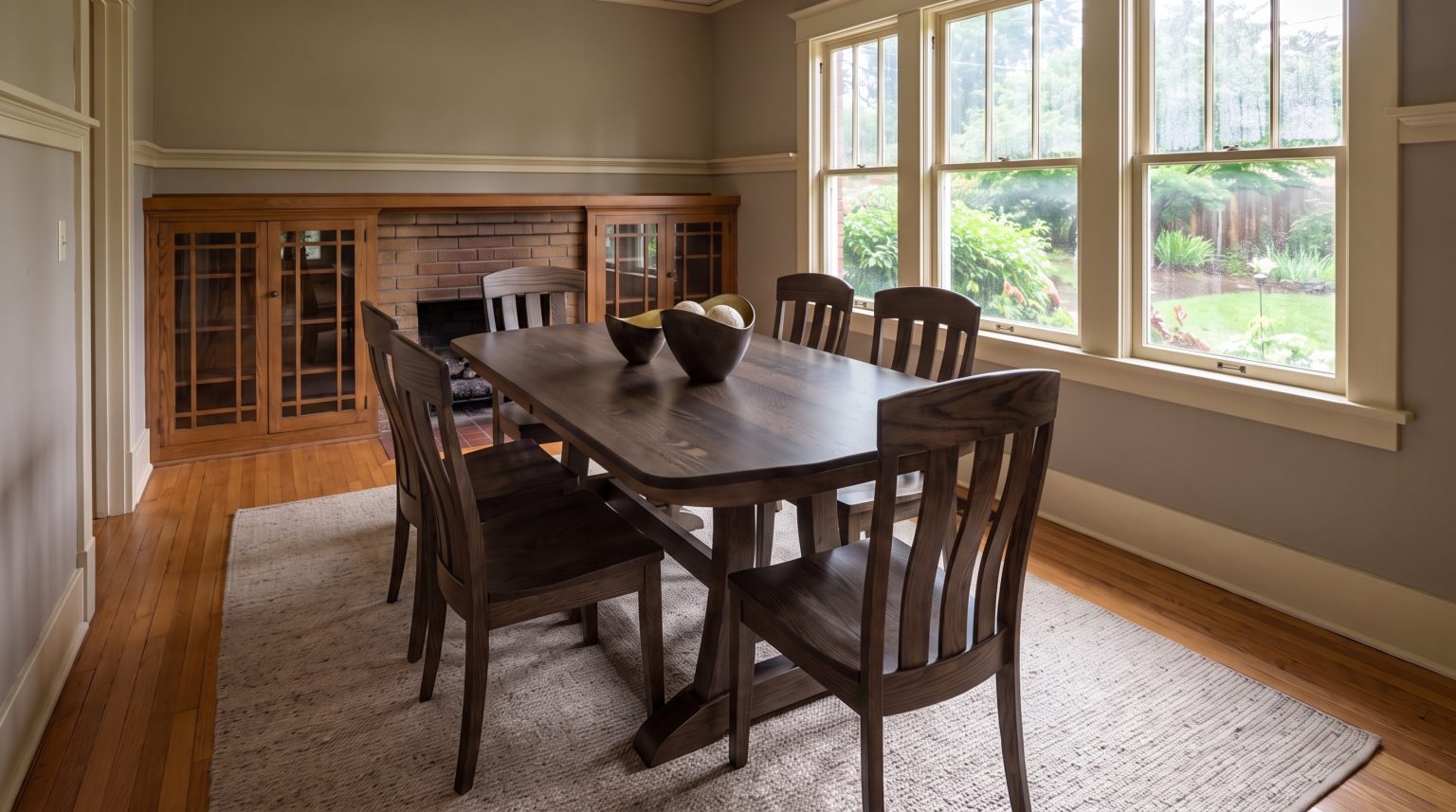 A shadow-stained quartersawn oak trestle table with bowed ends and Oregon chairs, Craftsman bookcases and windows behind