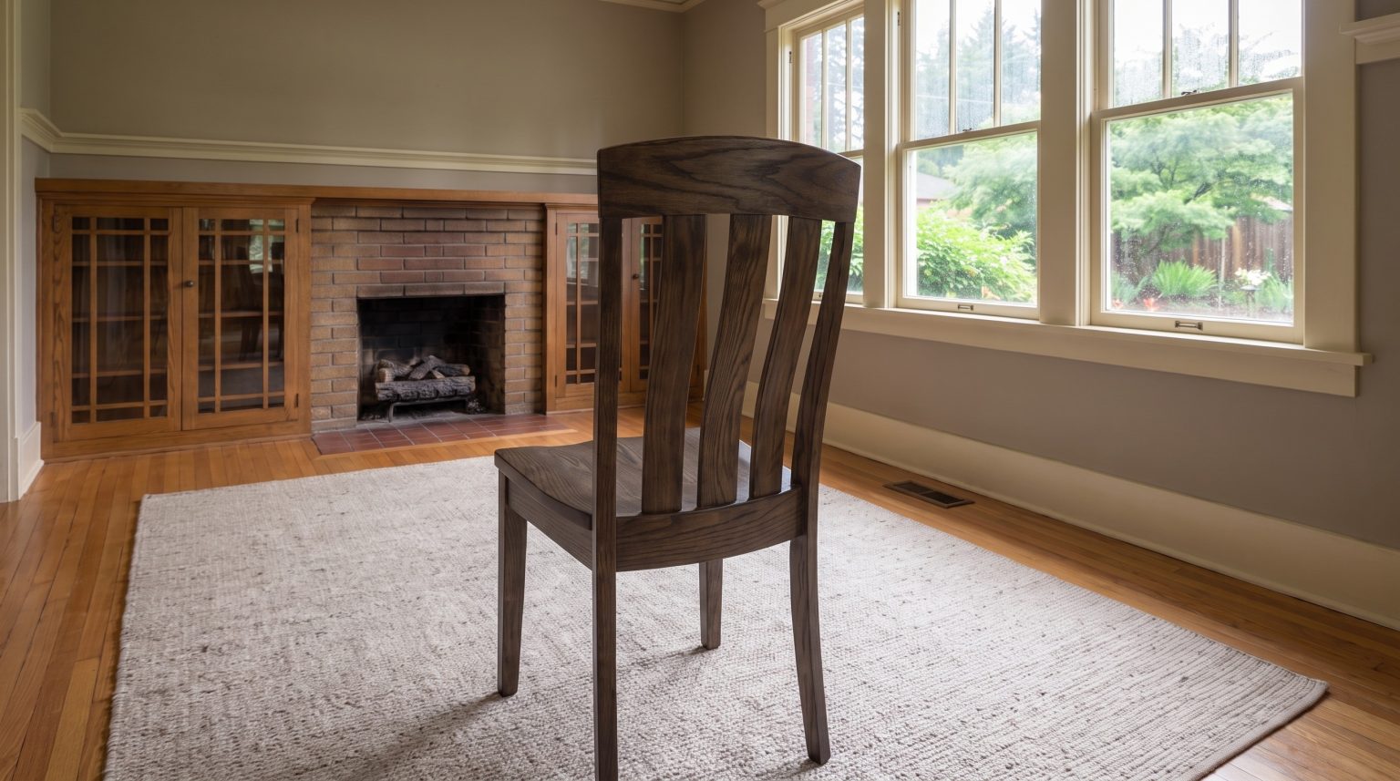 A quartersawn oak side chair in shadow stain with a deep flat crest rail over flat slats that bow apart toward the seat