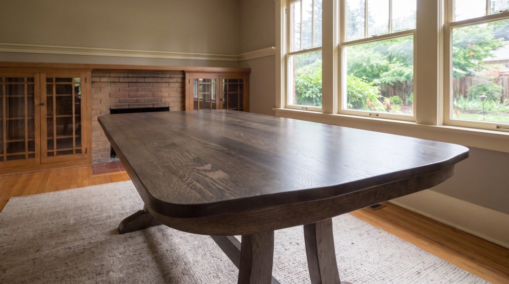 A close view of the gently bowed end of a shadow-stained quartersawn oak table top with a rounded-over edge