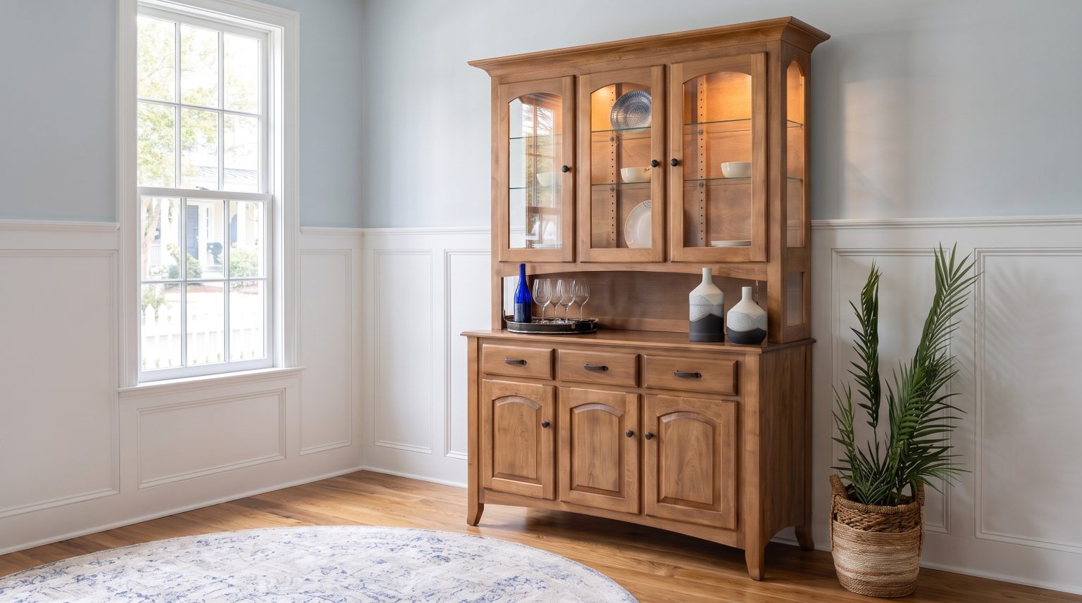 Three arched glass doors with glass sides and lit shelves, over three drawers and three paneled doors.