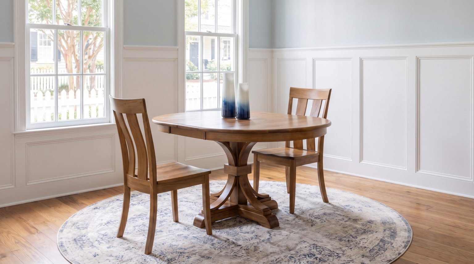 The round hickory top on its curved pedestal, with two Mayville chairs drawn up.