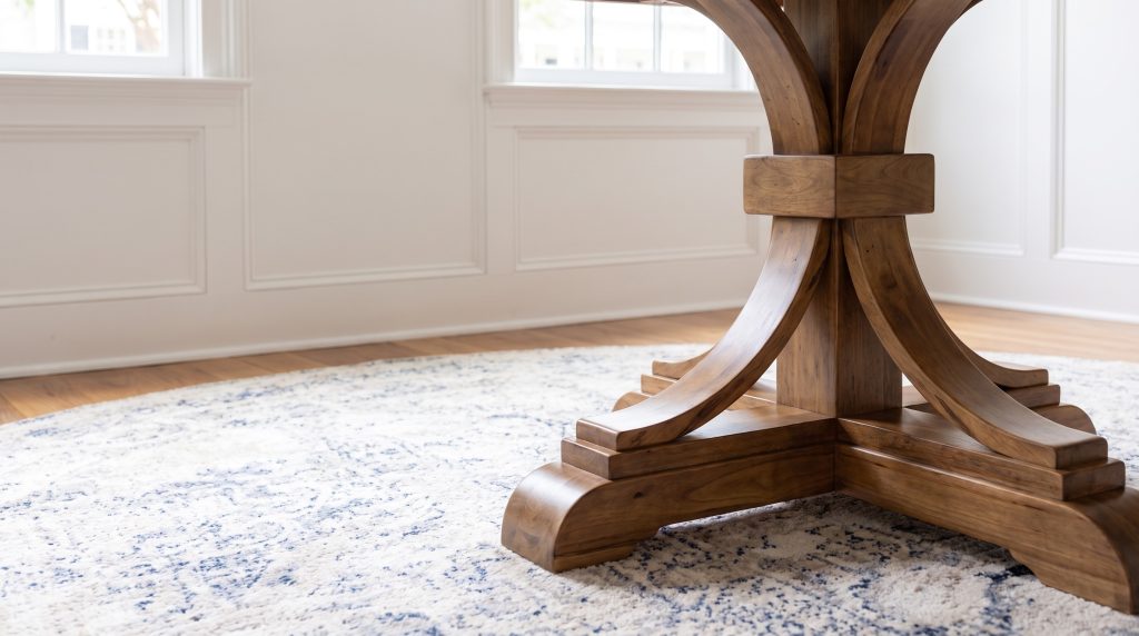 Four curved feet sweeping out from the pedestal, the hickory grain running light to dark.