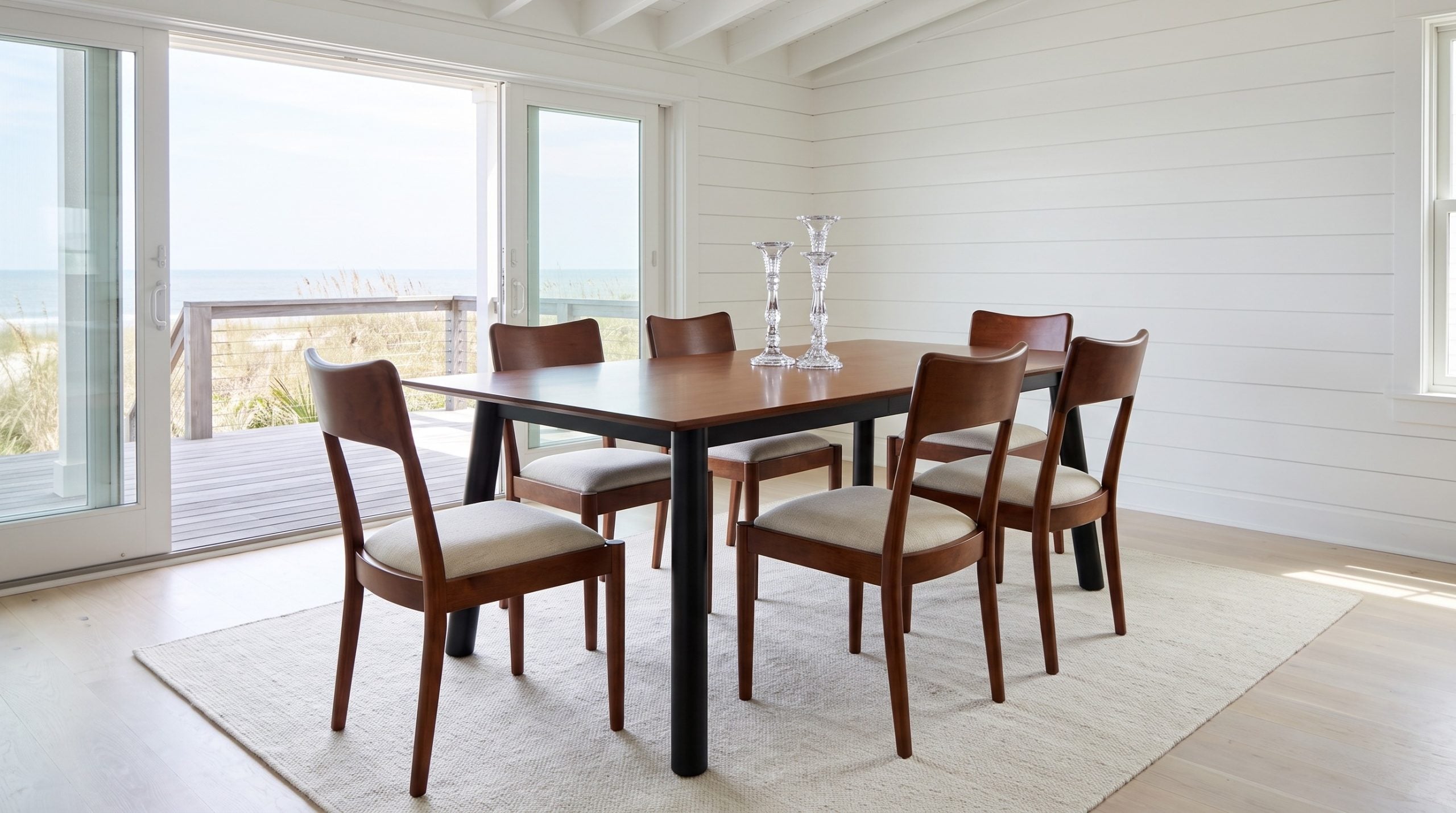 A rustic cherry table on black cylinder legs with six Avocet chairs, in an Isle of Palms beach house dining room full of hazy midday light.