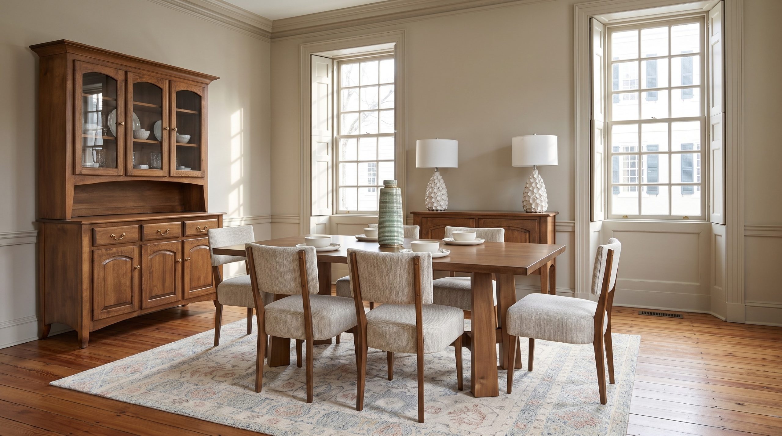 A tawney brown maple table on chunky plank legs, with Louisa chairs, a Galveston hutch and a matching server, in a downtown Charleston Georgian dining room.