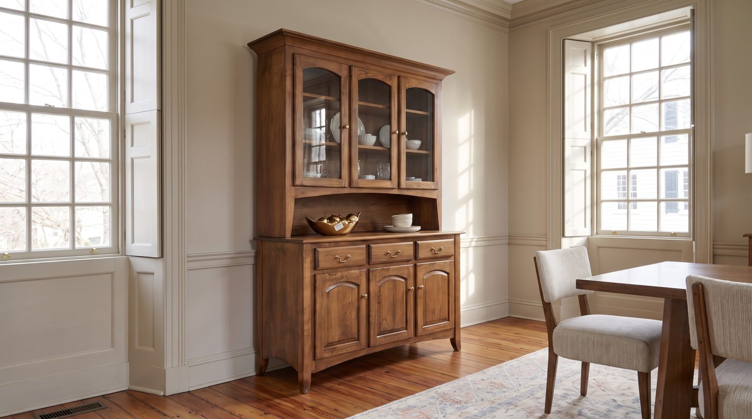 The Galveston hutch against the wall, the table corner and a Louisa chair in front.