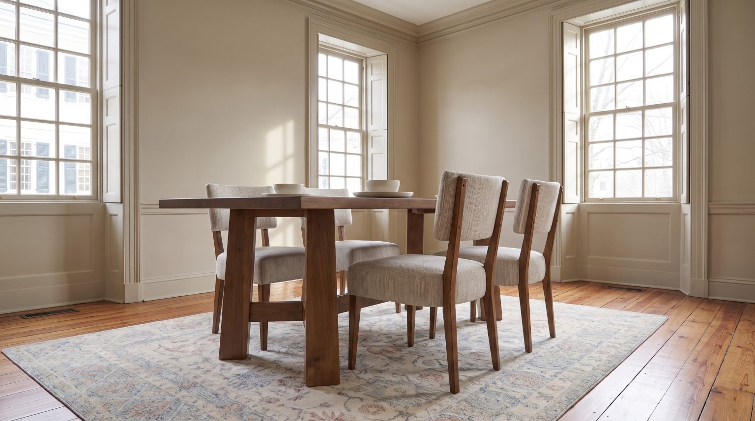 Flat plank legs under the thick top, with the upholstered chairs pulled in.