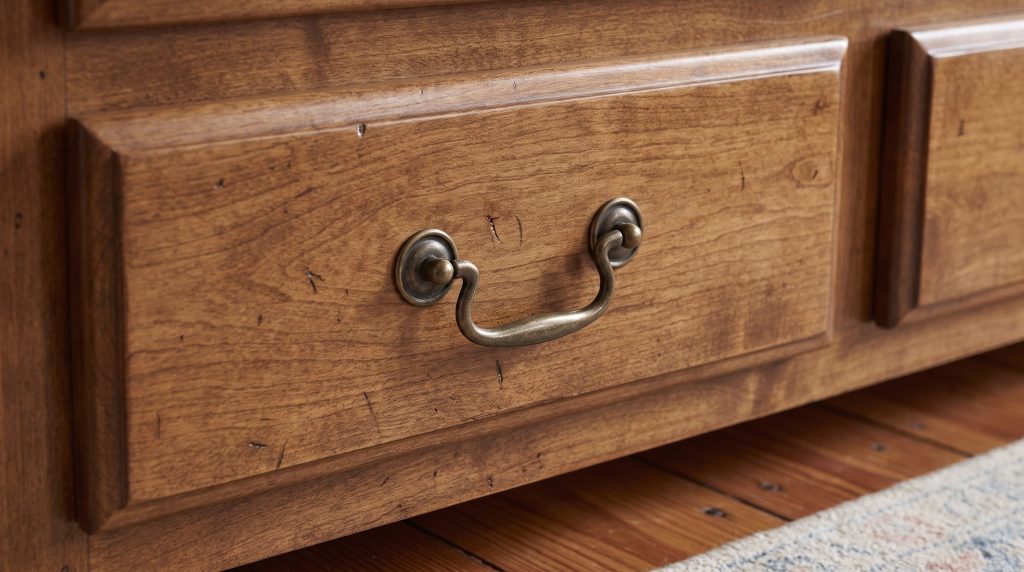 A bronze bail handle on a maple drawer front, the grain running beneath it.