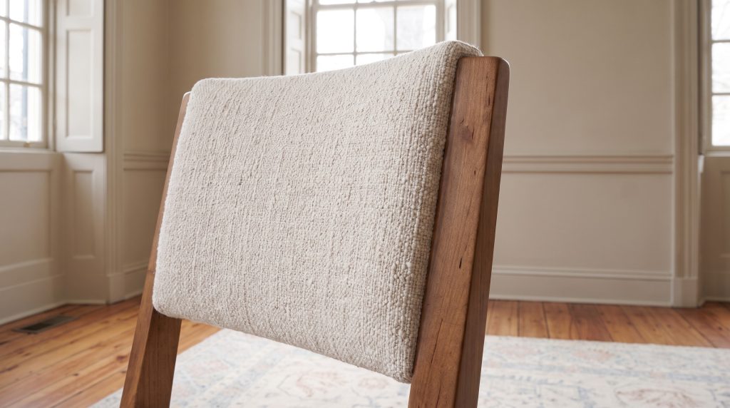 The upholstered back pad set between two exposed maple posts.