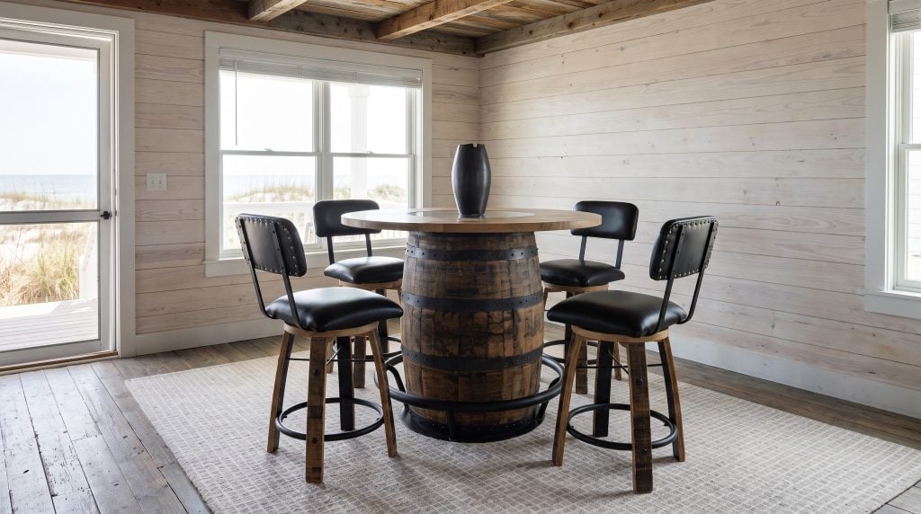A reclaimed bourbon barrel pub table with a glass-center oak top and four black leather swivel stools, in a Folly Beach cottage with the dunes outside.