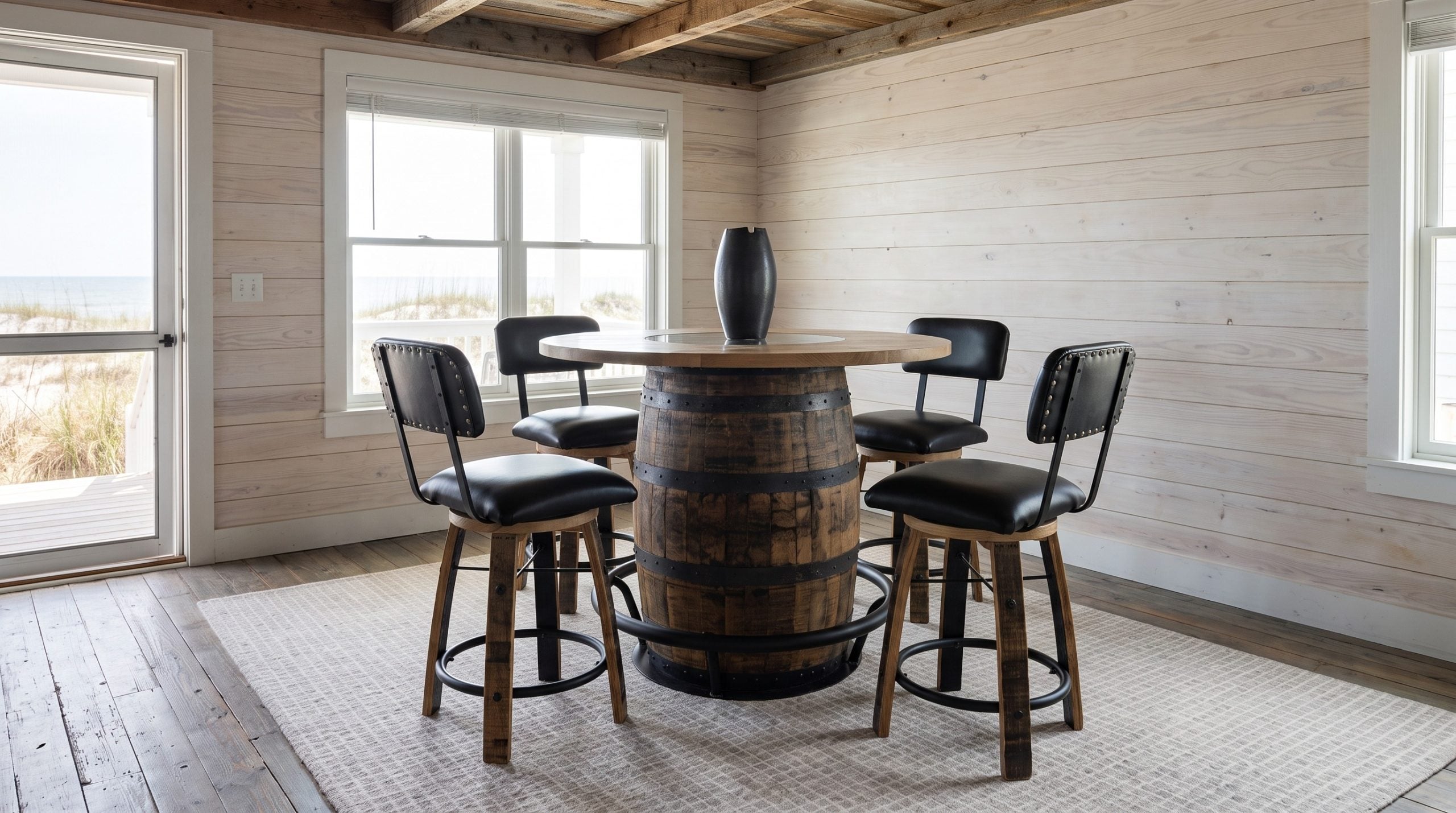 A reclaimed bourbon barrel pub table with a glass-center oak top and four black leather swivel stools, in a Folly Beach cottage with the dunes outside.