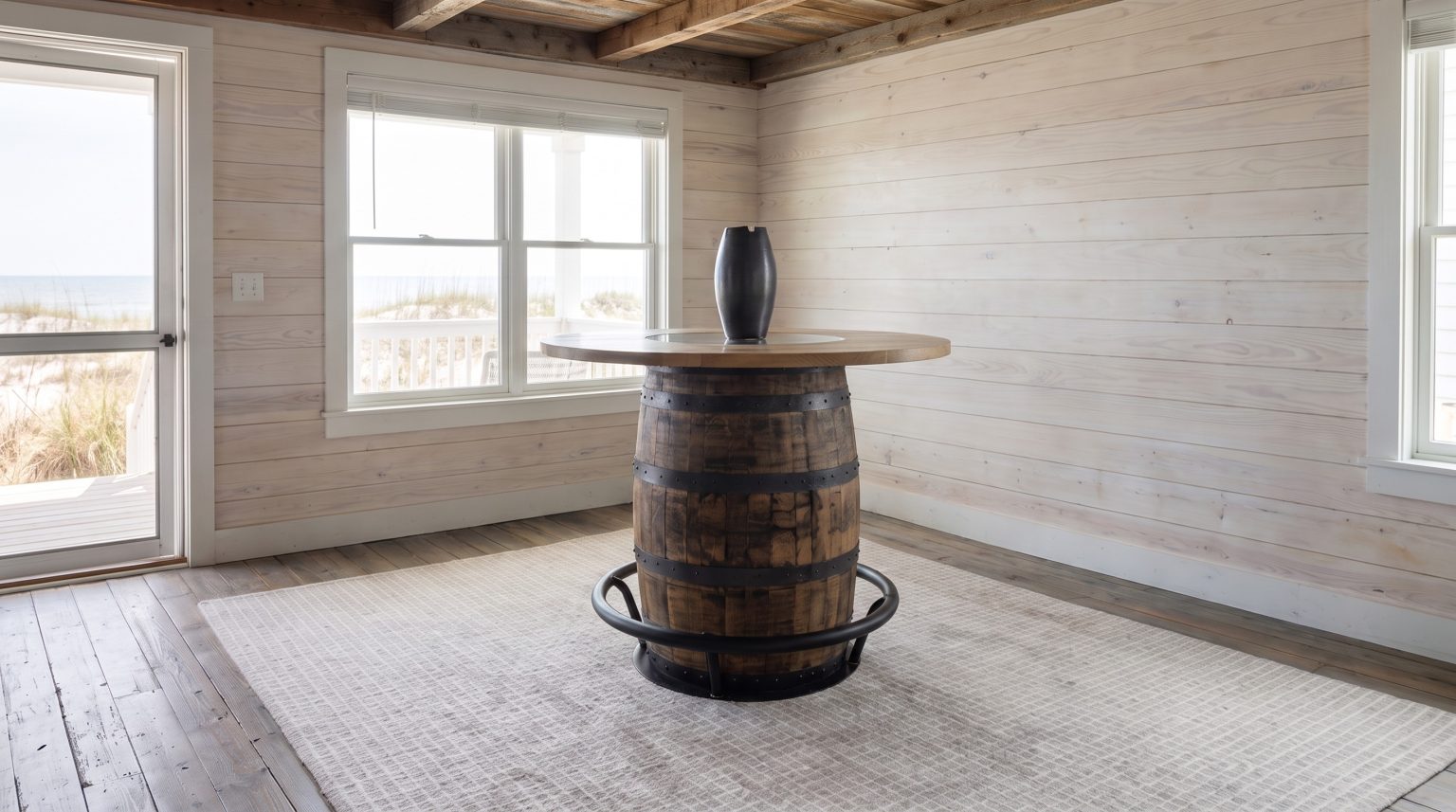 A charred barrel base with riveted hoops and a steel footrest ring, under a round oak top.