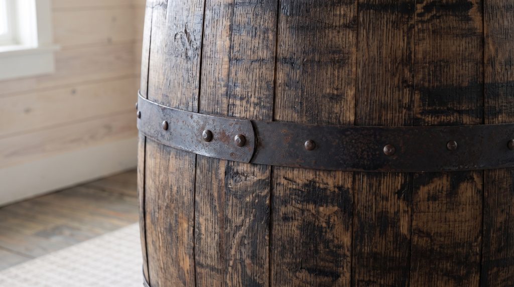 A black steel hoop riveted across charred and scuffed oak staves.