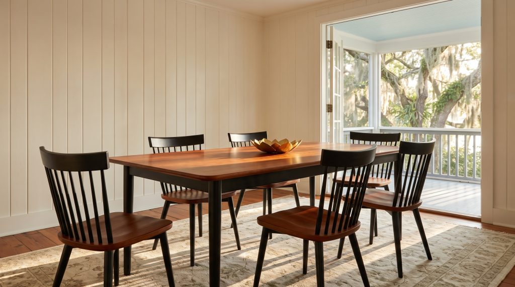A brown maple table with a Tavern top on an Onyx base, and black Quincy chairs with warm wood seats, in a Sullivan's Island cottage at golden hour.