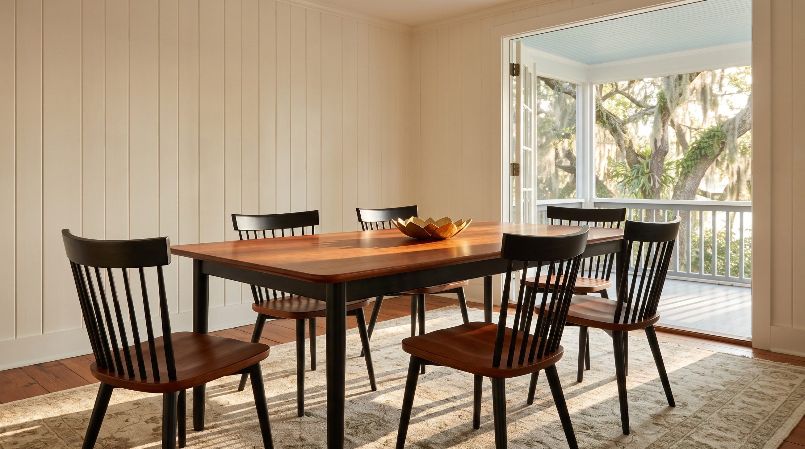 A brown maple table with a Tavern top on an Onyx base, and black Quincy chairs with warm wood seats, in a Sullivan's Island cottage at golden hour.