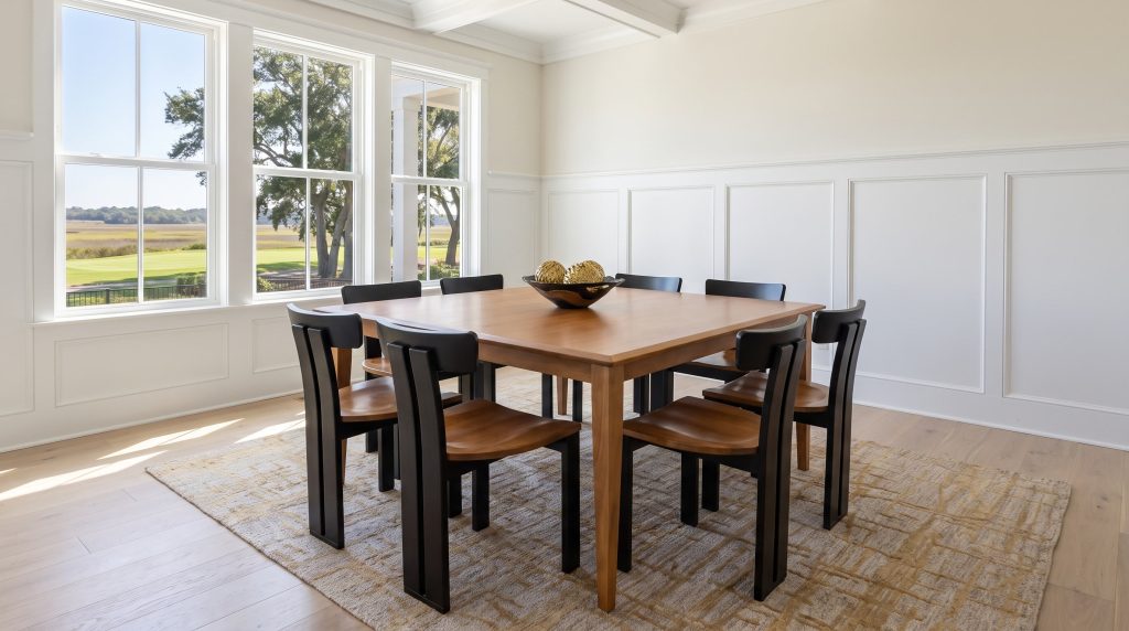 A square honey maple dining table with eight chairs in black frames and honey seats, in a white paneled room with windows onto a golf green and marsh