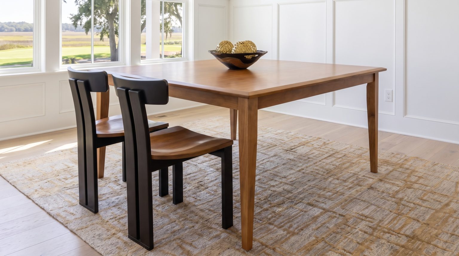 A honey maple square table with two black-framed chairs tucked in, white wainscot and golf-green windows behind