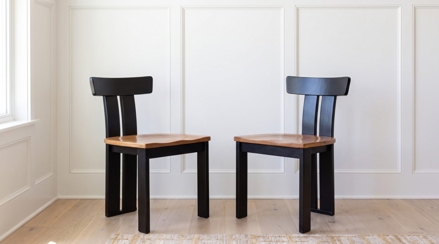 Two dining chairs with flat black frames and honey maple seats against white wainscot