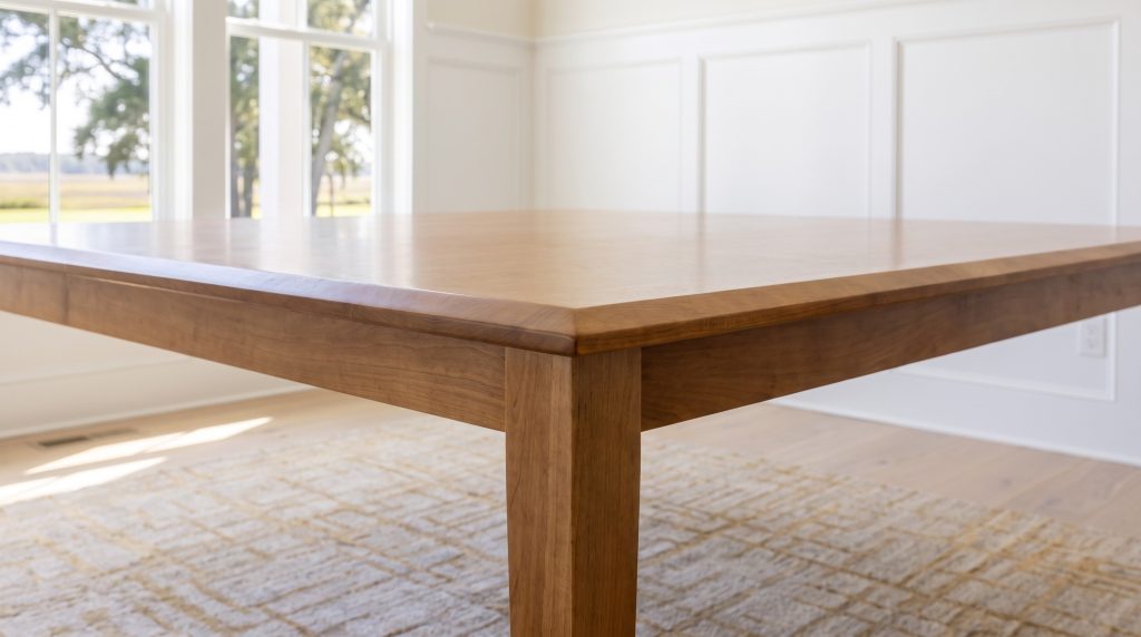 A close view of a honey maple table corner with a beveled edge and a tapered leg