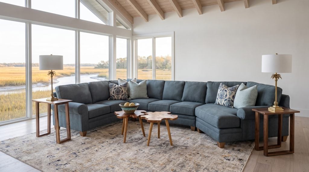 A slate-blue sectional with an angled cuddler end, two free-form teak tables and walnut end tables with brass palm lamps, in a vaulted room over gold marsh