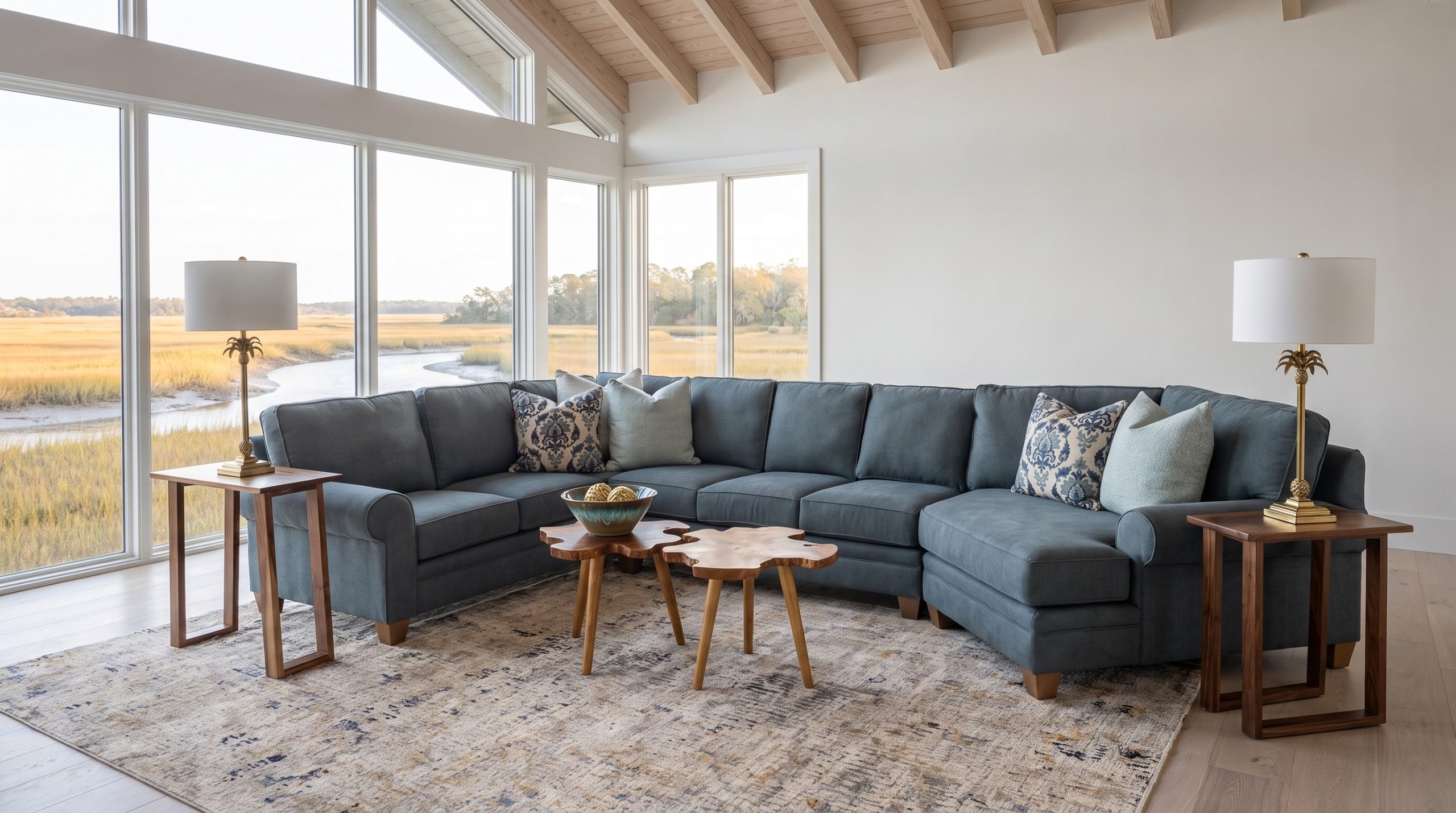 A slate-blue sectional with an angled cuddler end, two free-form teak tables and walnut end tables with brass palm lamps, in a vaulted room over gold marsh