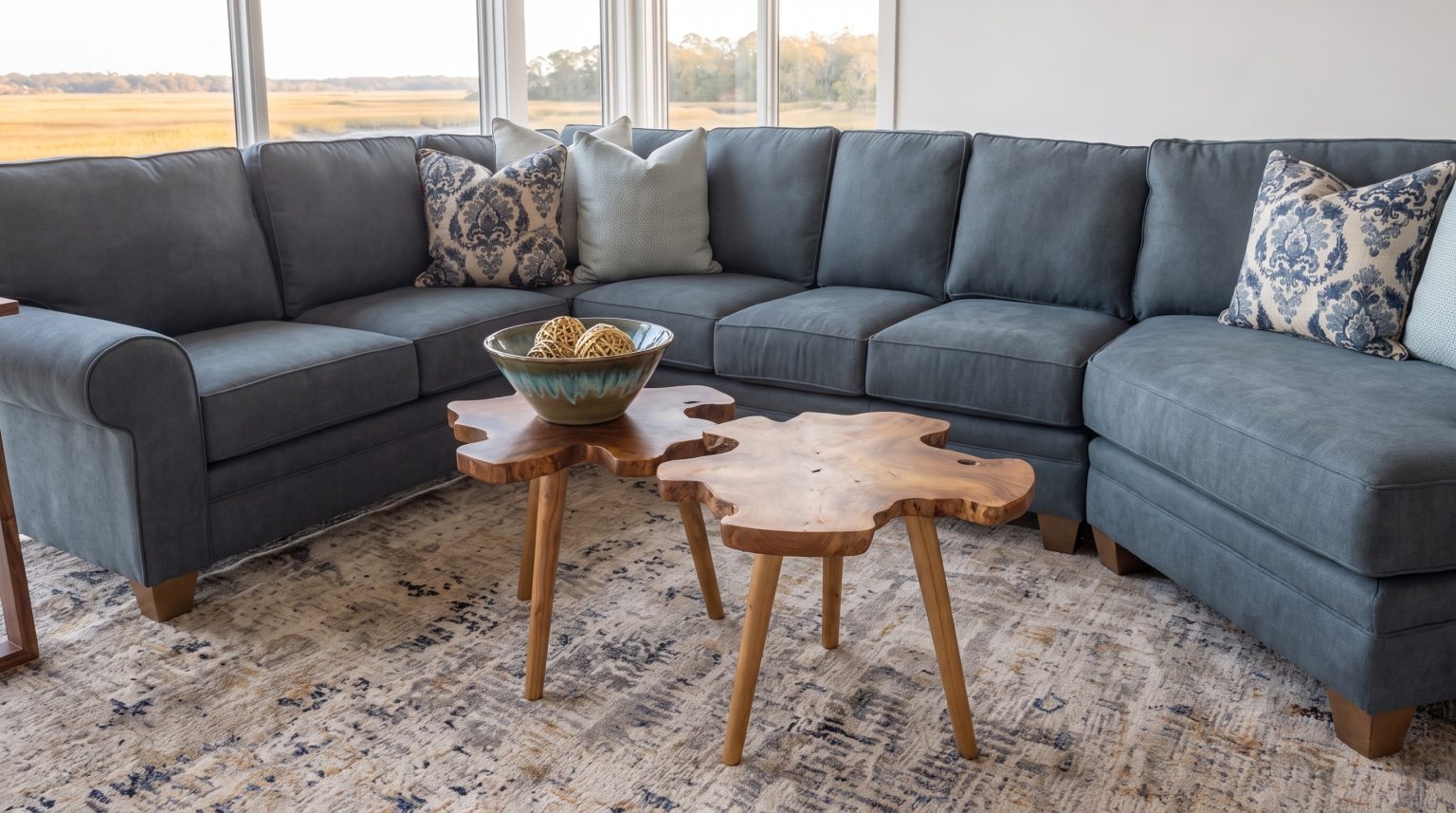 Two free-form live-edge teak tables nested in front of a slate-blue sectional