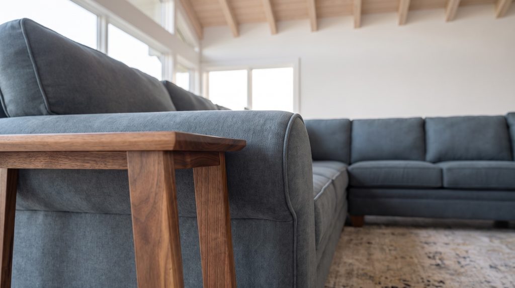 A close view of a slate-blue rolled sofa arm beside a walnut end table frame