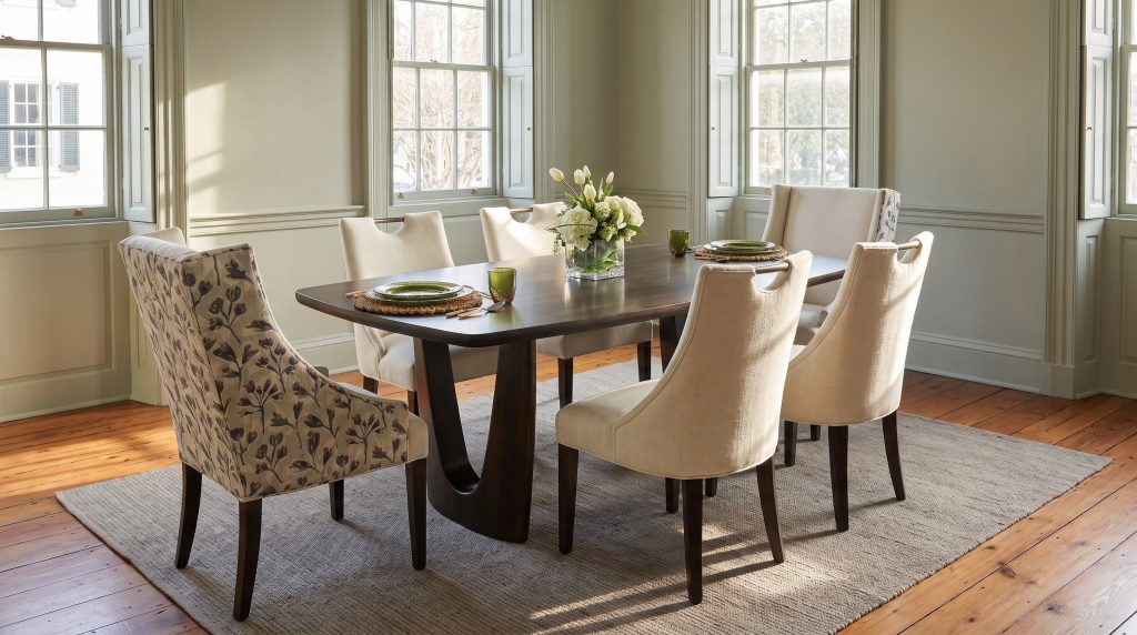 A near-black charwood table on sculpted wishbone pedestals with ivory linen chairs and a floral host chair, in a sage paneled room with sash windows