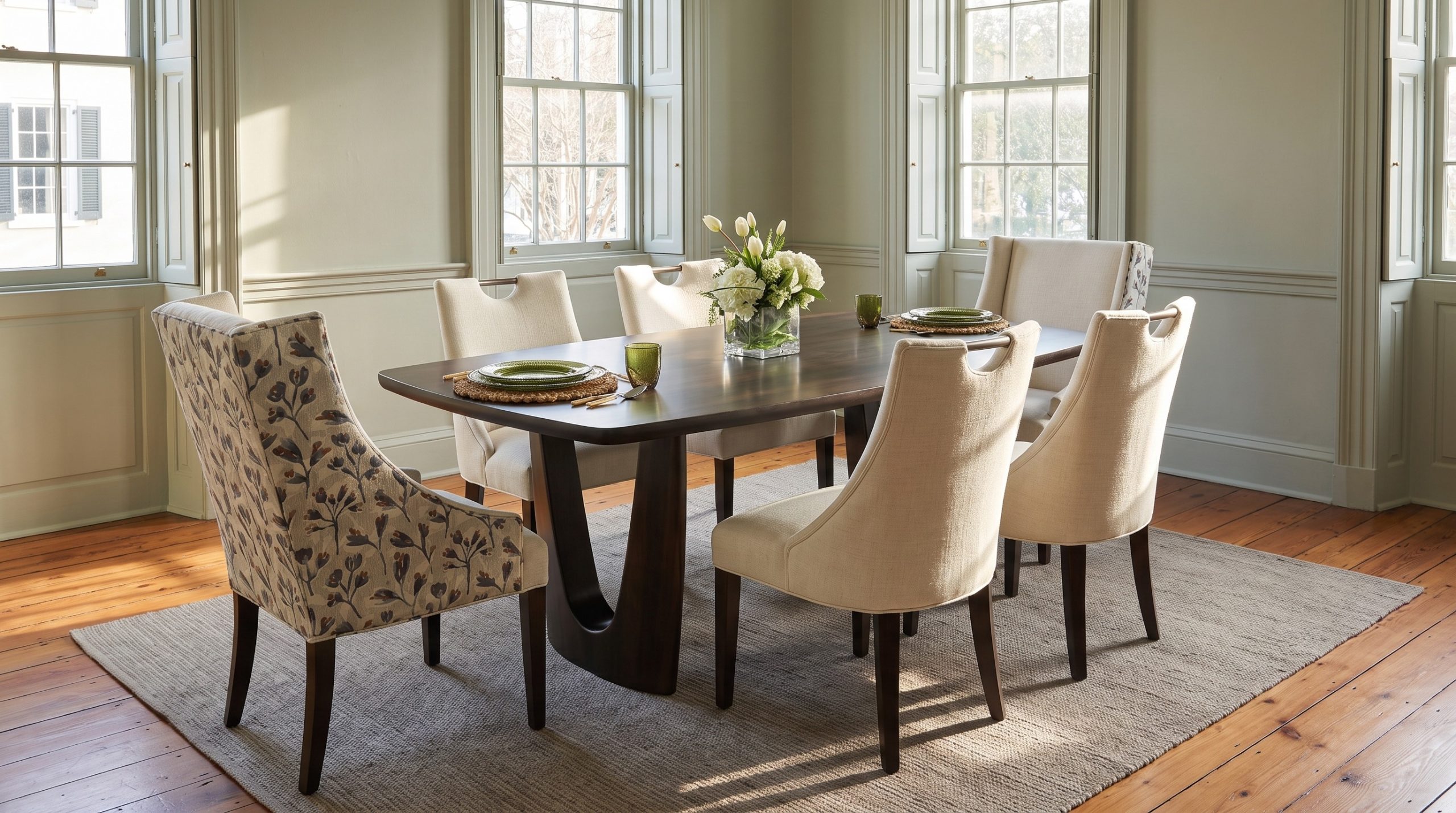 A near-black charwood table on sculpted wishbone pedestals with ivory linen chairs and a floral host chair, in a sage paneled room with sash windows
