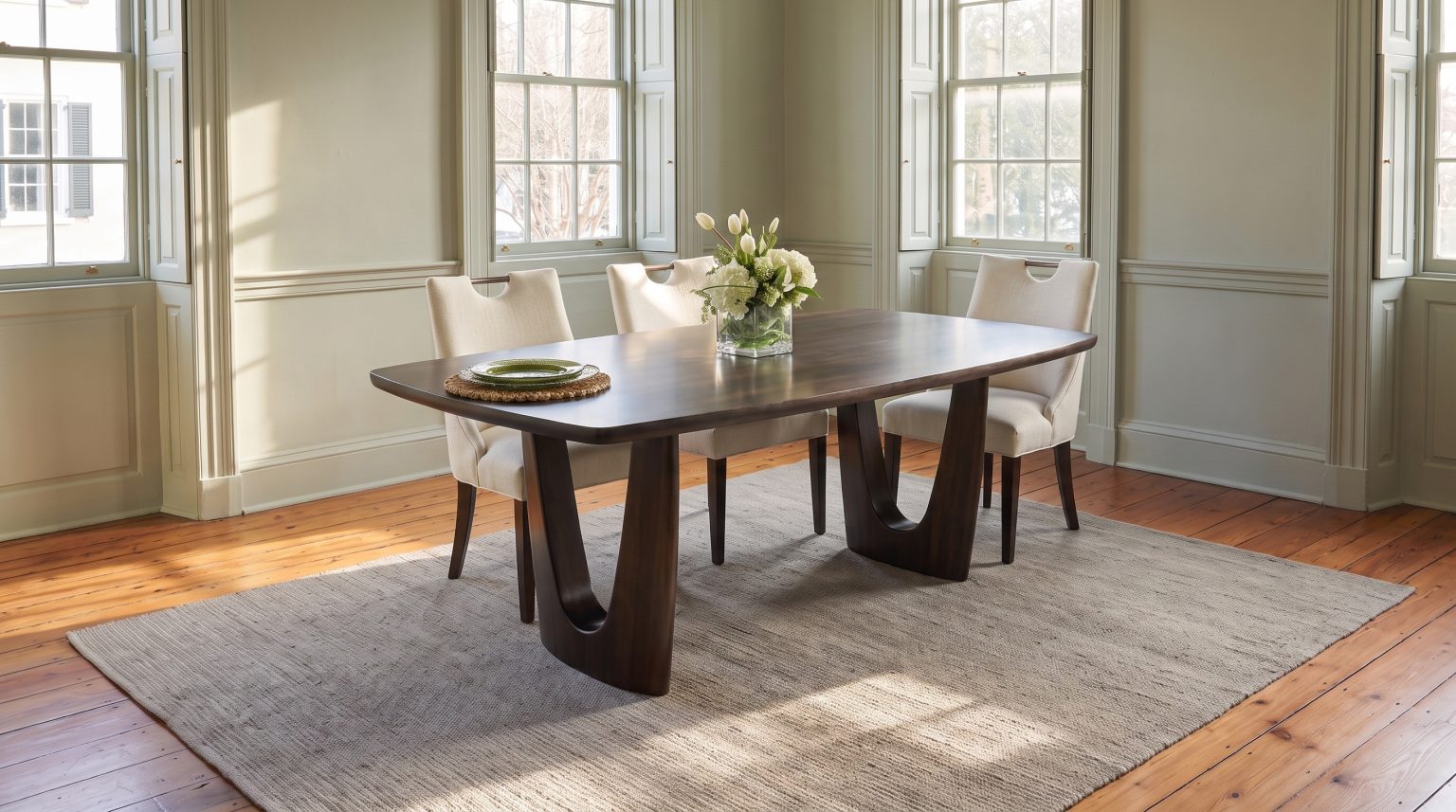 A charwood dining table on two wishbone pedestals with ivory chairs beyond, afternoon sun on heart pine