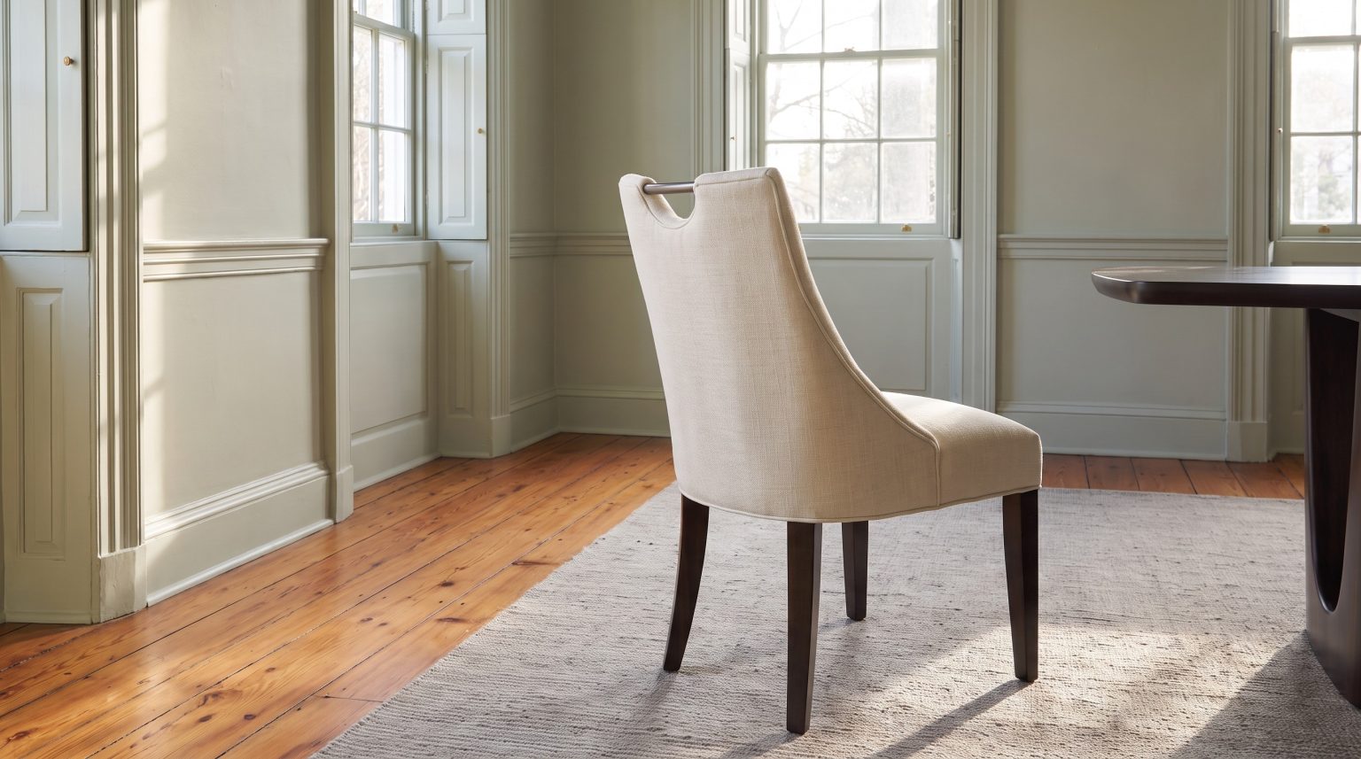 An ivory linen dining chair from behind showing its hand slot and nickel pull