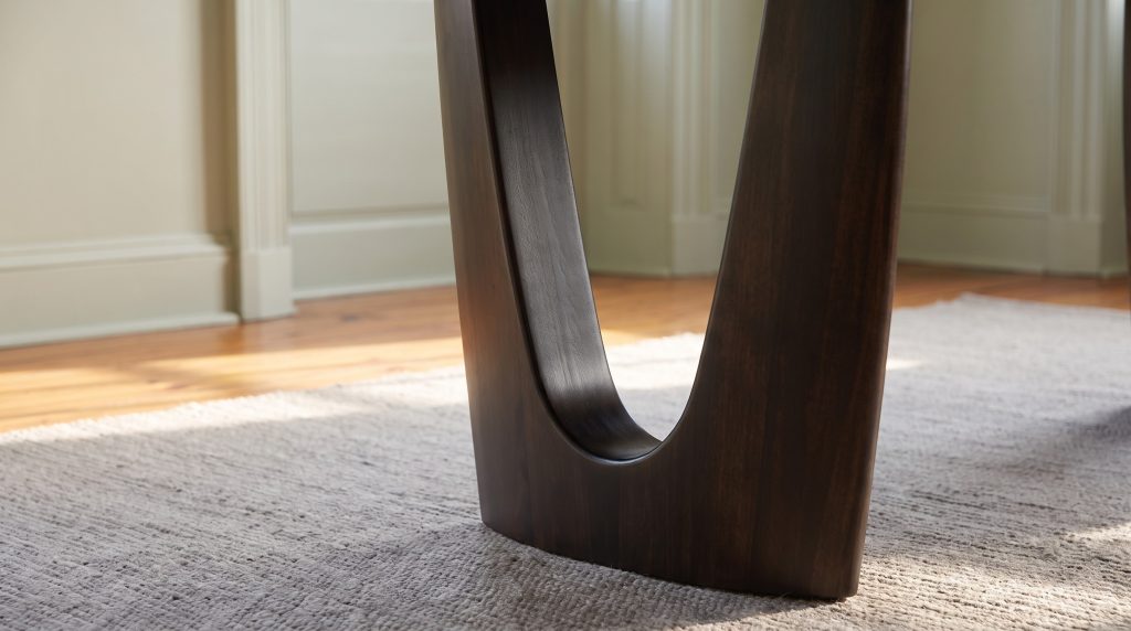 A close view of a dark charwood table pedestal curving into a rounded U cut-out