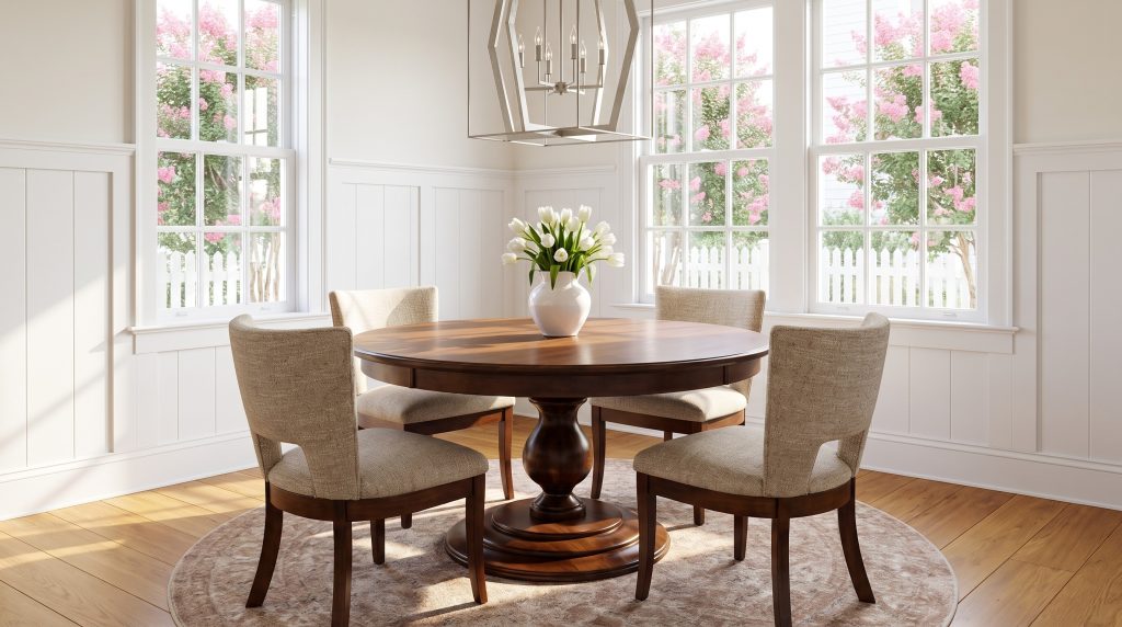 A round tavern maple pedestal table with four oatmeal crescent-backed chairs under a faceted silver pendant, pink crepe myrtles through the windows