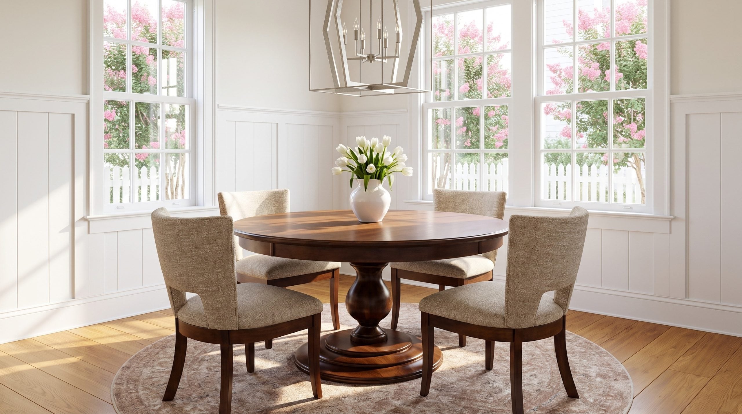 A round tavern maple pedestal table with four oatmeal crescent-backed chairs under a faceted silver pendant, pink crepe myrtles through the windows