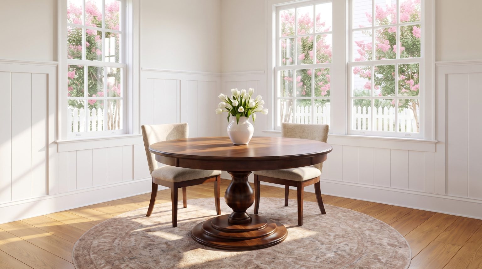 A round chestnut pedestal table with two oatmeal chairs on a blush rug in a white paneled room