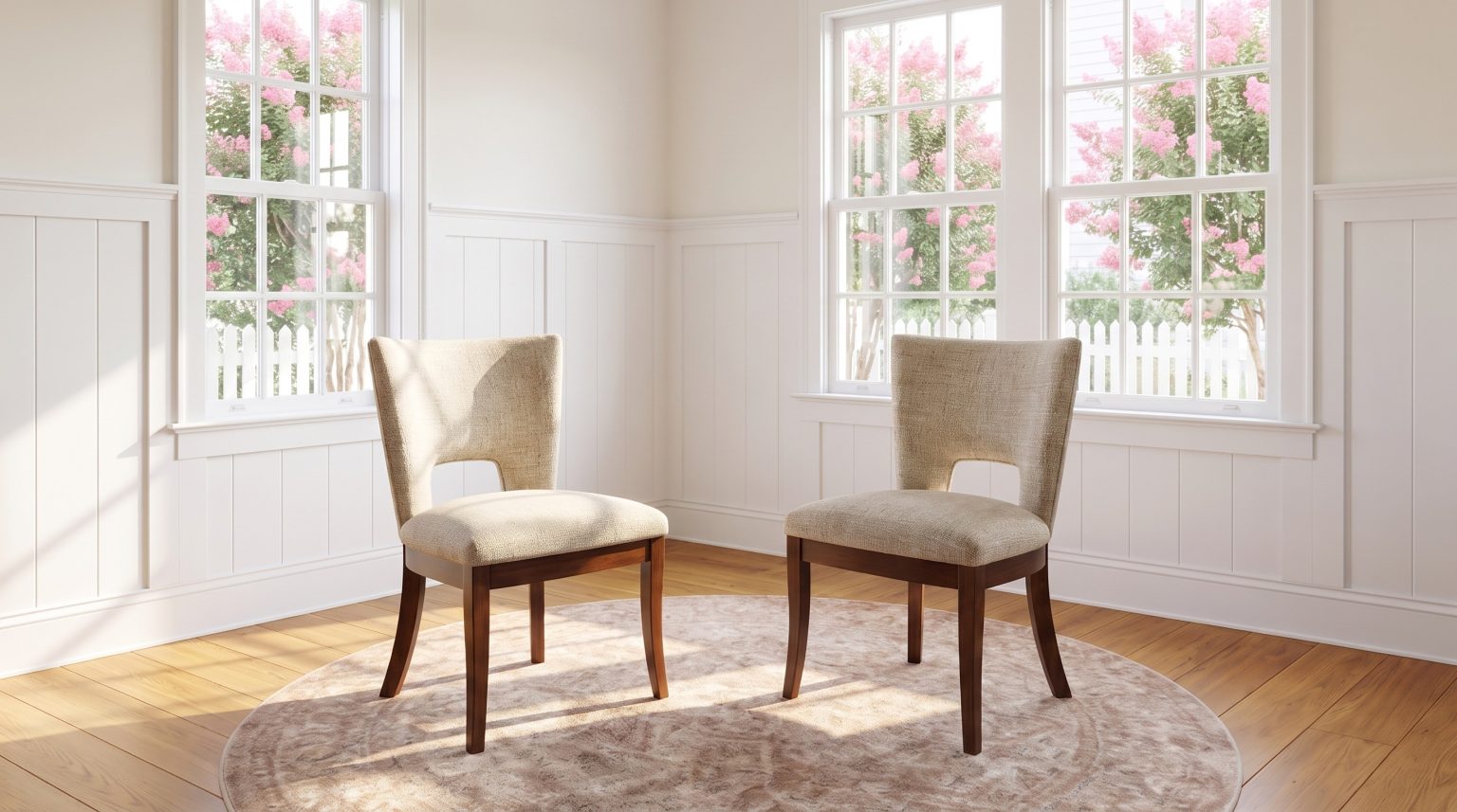 Two oatmeal tweed chairs with crescent backs and tavern saber legs on a round rug