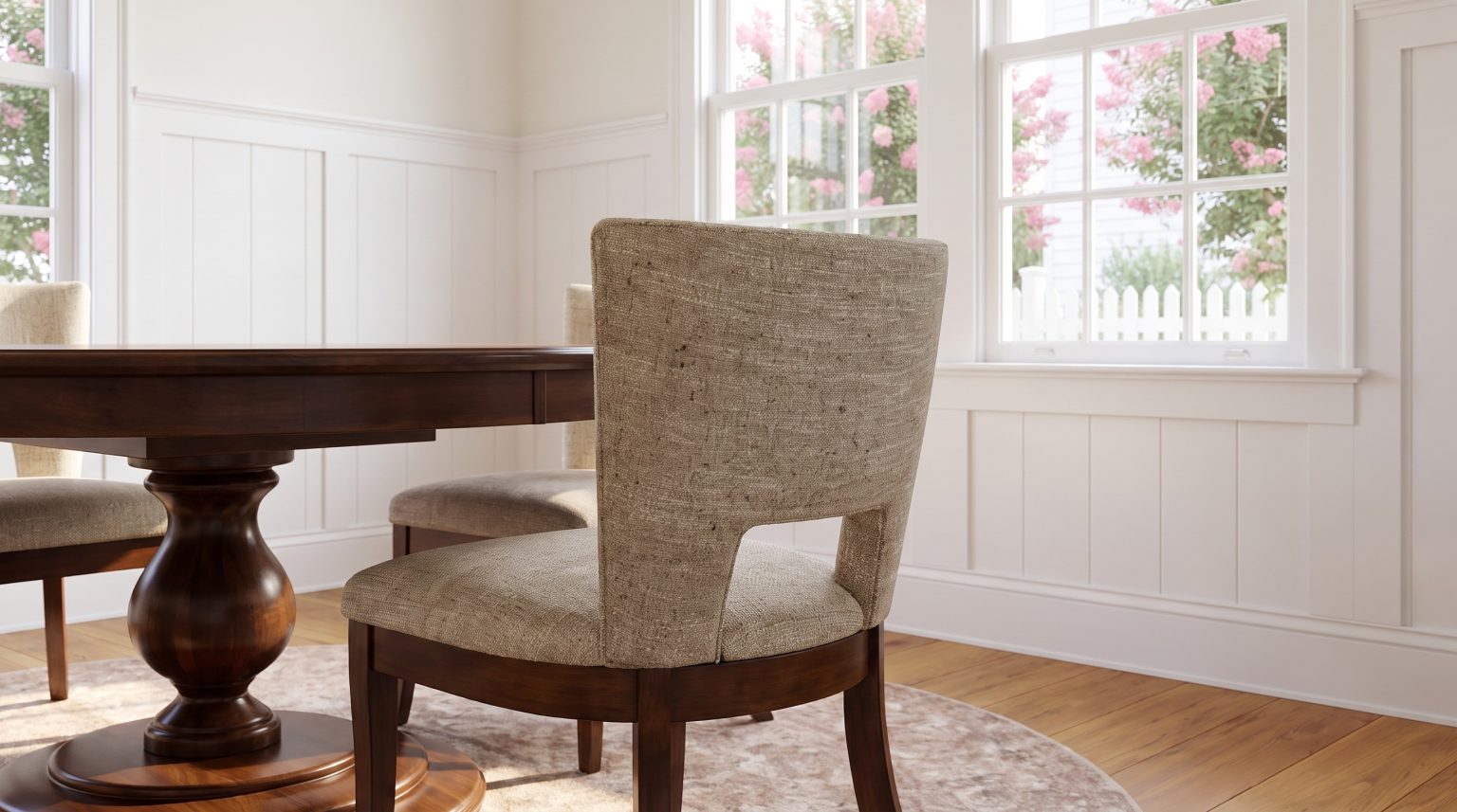 An oatmeal crescent-backed chair from behind beside a tavern pedestal table