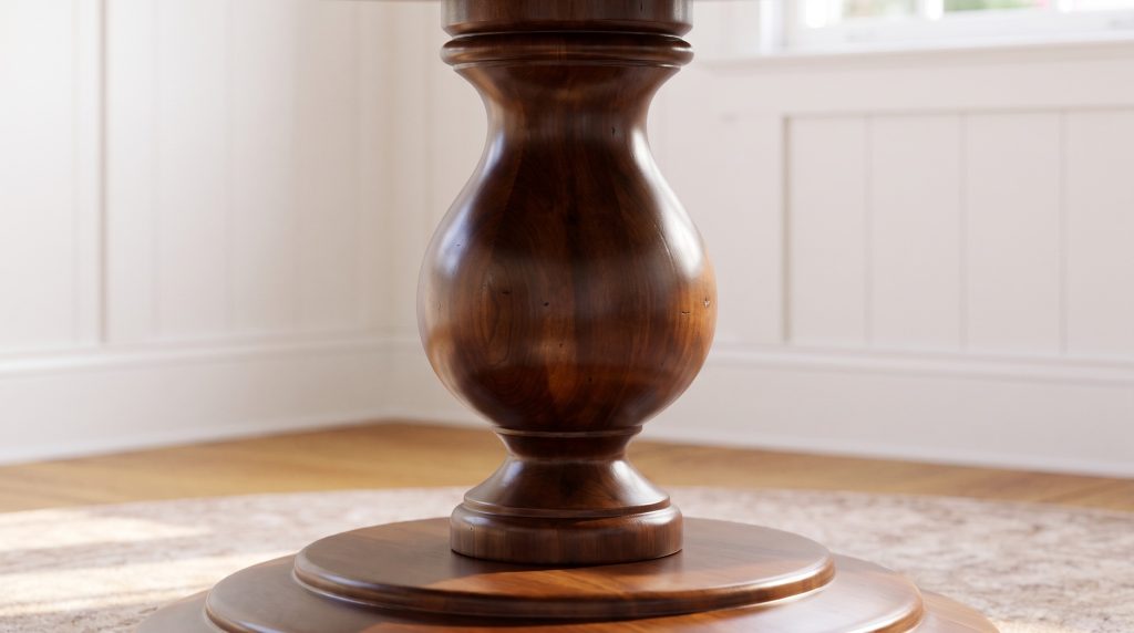A close view of a turned tavern maple pedestal above a stepped round plinth