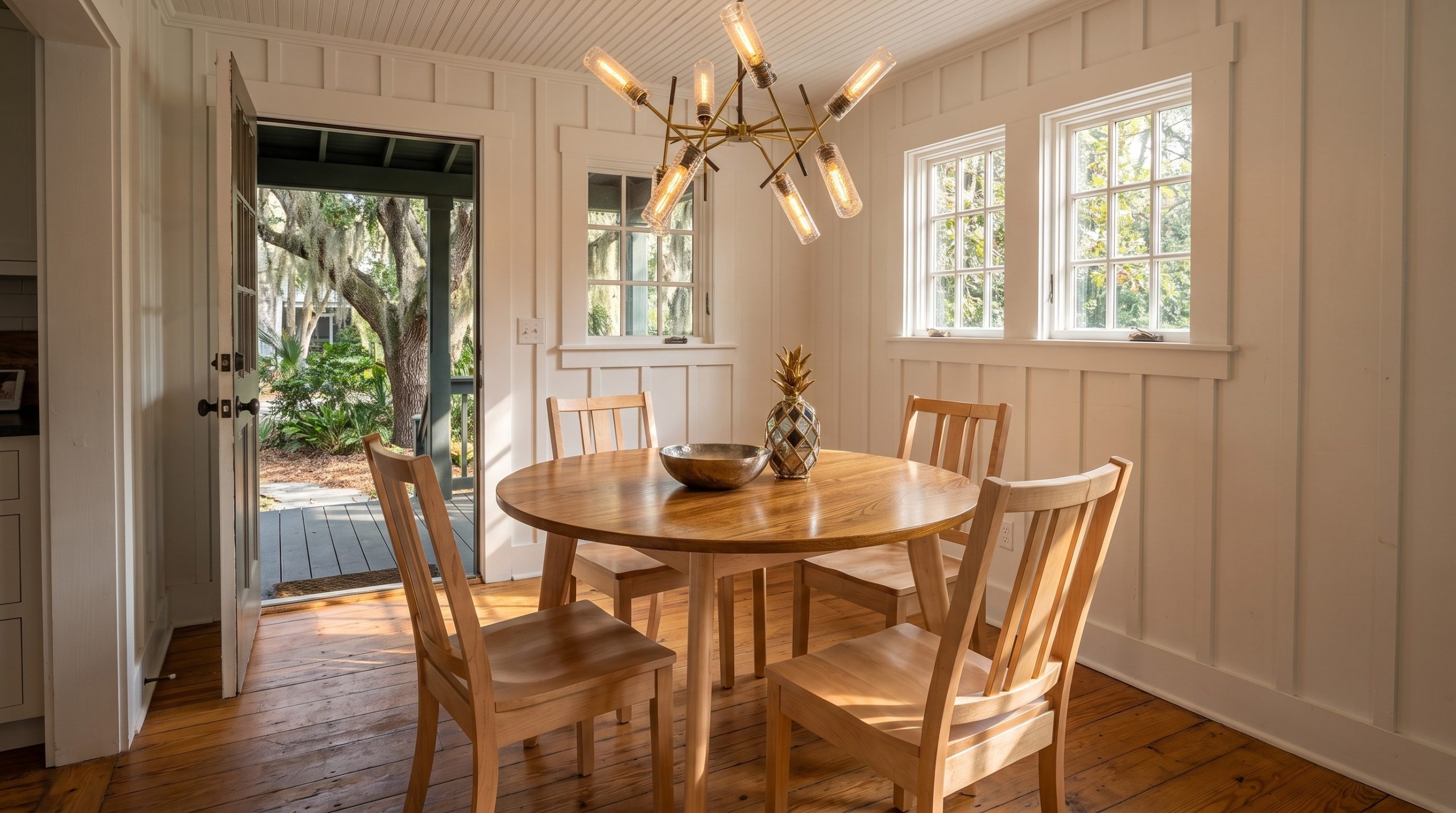 A round table with a golden elm top on a pale maple base and four slat-back maple chairs under a brass sputnik light, a porch and live oaks through the door
