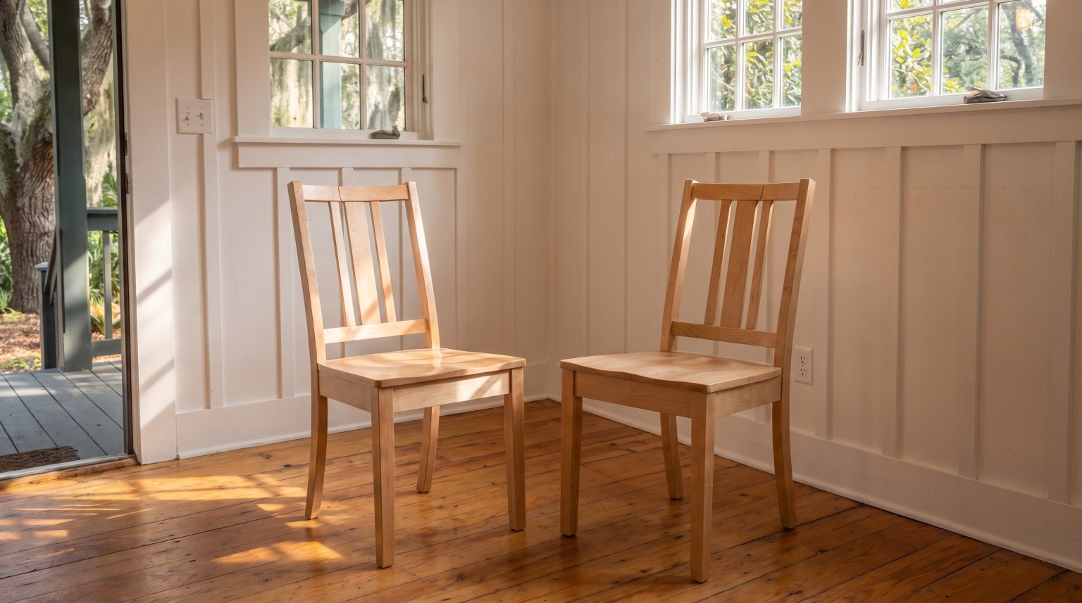 Two pale maple slat-back chairs against white board-and-batten in dappled light