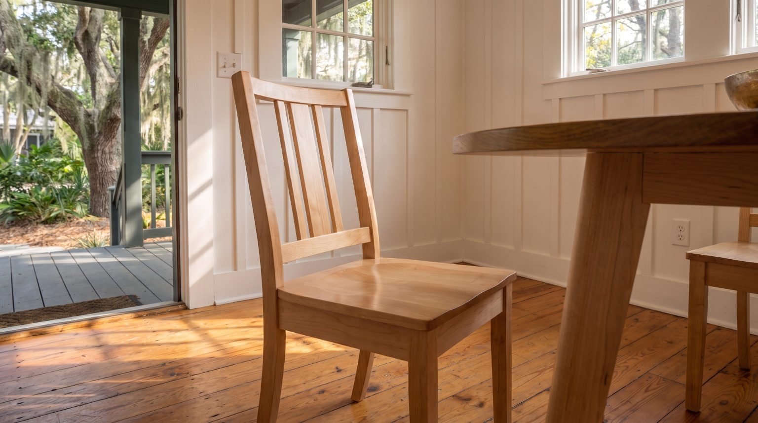 A pale maple slat-back chair beside the edge of an elm-topped table, a porch door behind